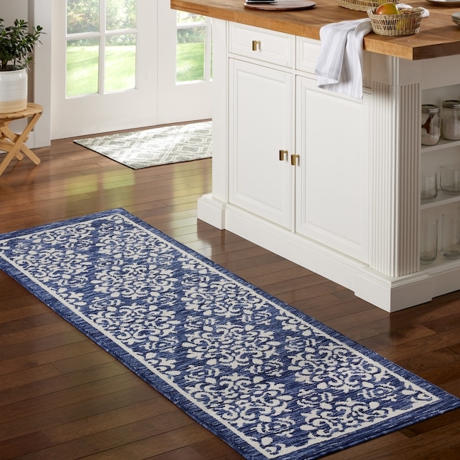 Runner Rug Navy Blue Damask Traditional Low Pile Kitchen Decor
