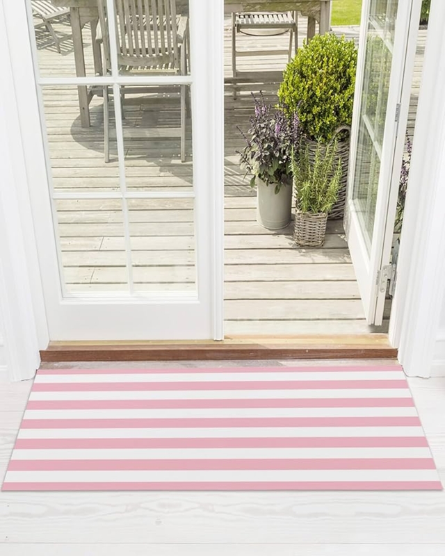 Runner Rug Pink and White Striped Low Profile Coastal Entryway Idea
