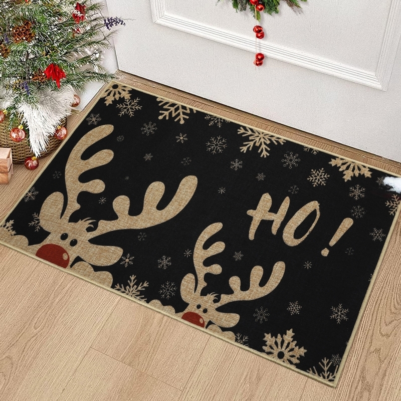 Rustic Black Doormat with Reindeer Motif and Woven Print Look