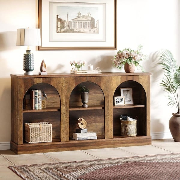 Rustic Brown Console Table Arched Niches Plinth Base Entryway