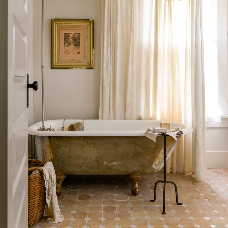 Rustic Clawfoot Bathtub Weathered Patina Octagonal Tile