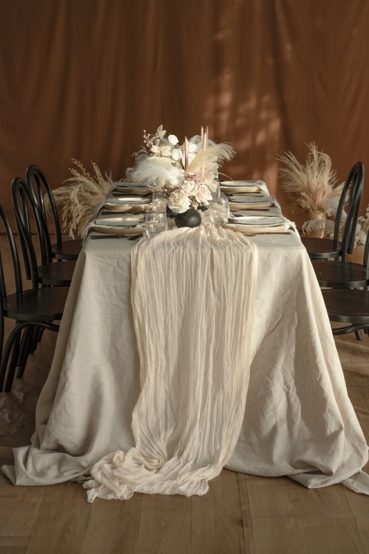Rustic Cream Crinkled Gauze Table Runner, Extra Long Drape