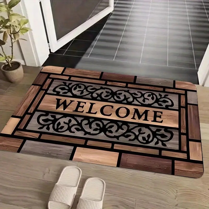 Rustic Doormat Wood Plank Print Scrollwork Accents Farmhouse Welcome