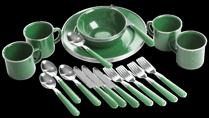 Rustic Forest Green Speckled Enamel Dinnerware Set with Silver Rims