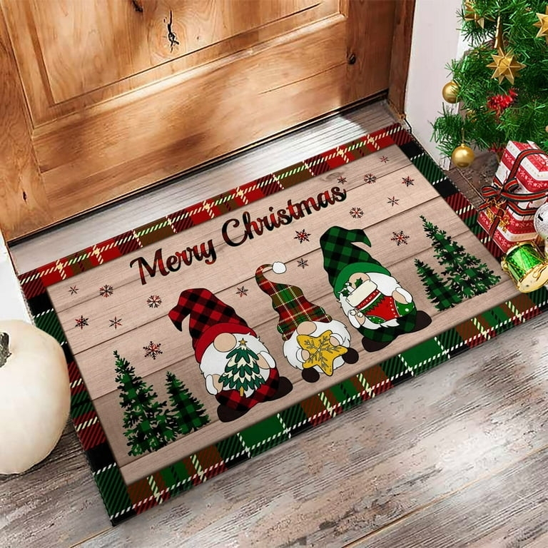 Rustic Gnome Doormat with Plaid Trim and Wood Look Center Design