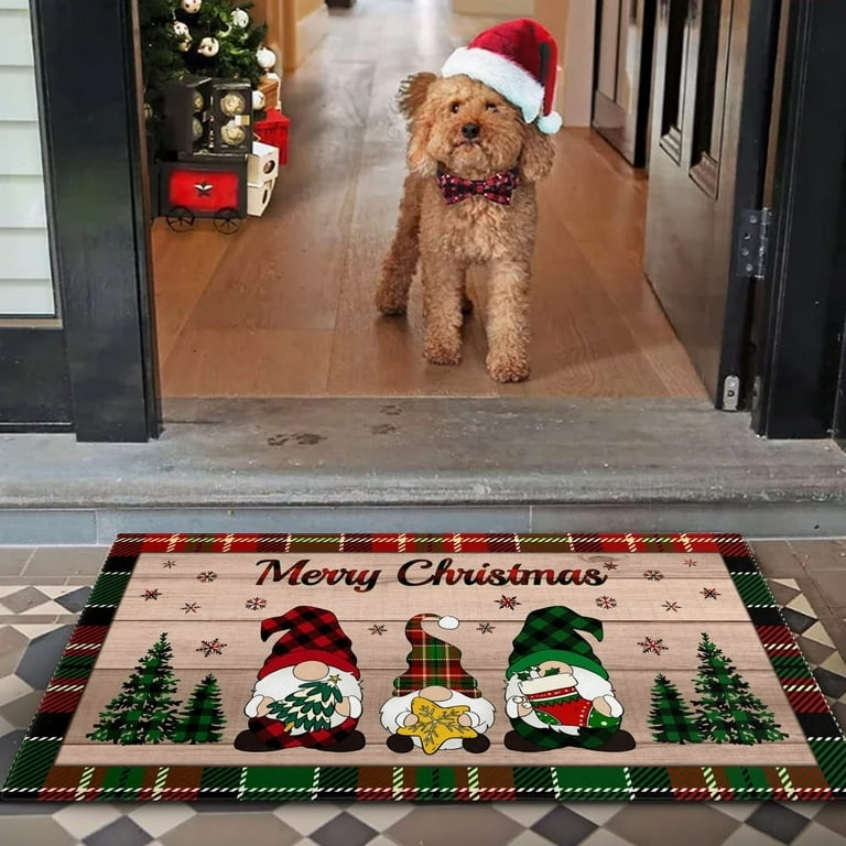 Rustic Gnome Welcome Mat with Plaid Accents and Wood Look Base