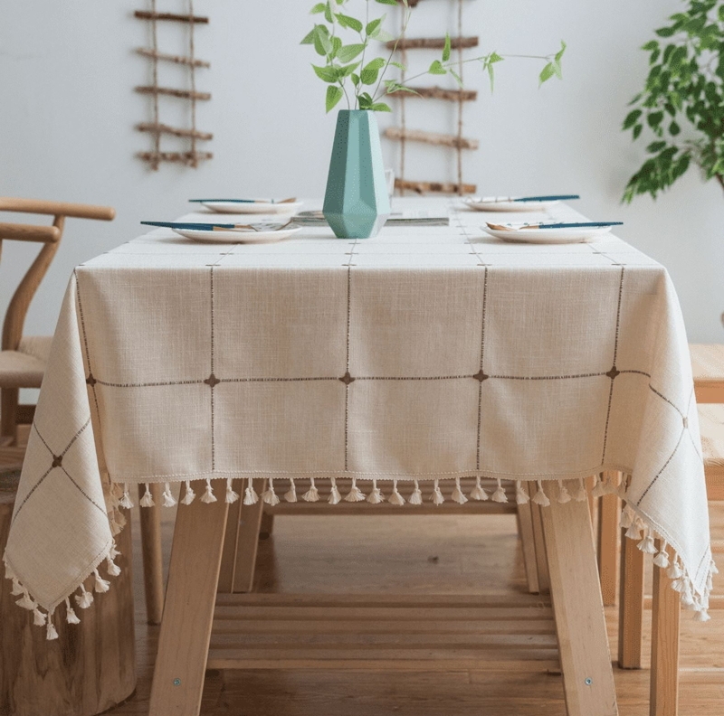 Rustic Lattice Tablecloth Cream Cotton Linen, Tassel Fringe