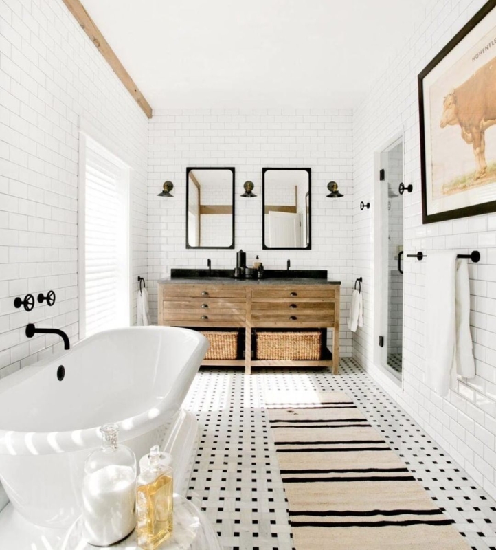 Rustic Modern Bathroom: Floor-to-Ceiling Subway Tile & Wood Vanity