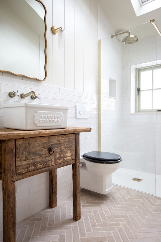Rustic Modern Bathroom Trough Sink Herringbone Stone Floor
