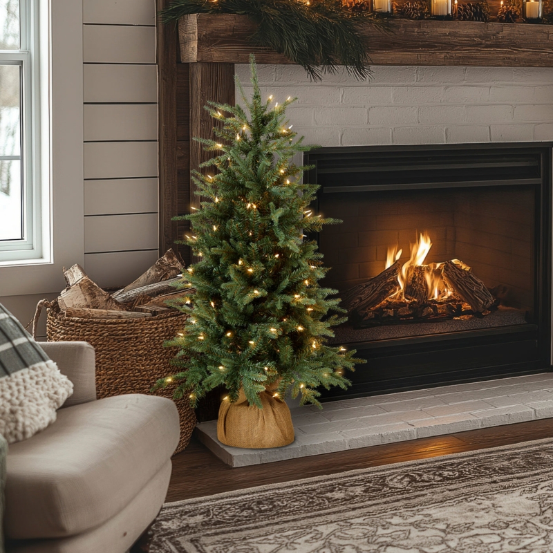 Rustic Pre-lit Christmas Tree Burlap Wrapped Base Warm Glow