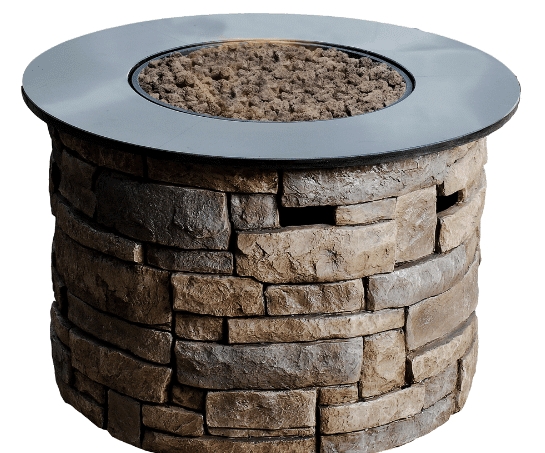 Rustic Propane Fire Pit Round Stacked Stone Base Flat Rim