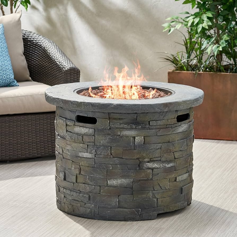 Rustic Stacked Stone Fire Pit Round Gray Propane Patio