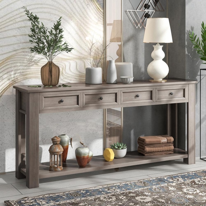 Rustic Wood Console Table Four Drawers Long Hallway Profile
