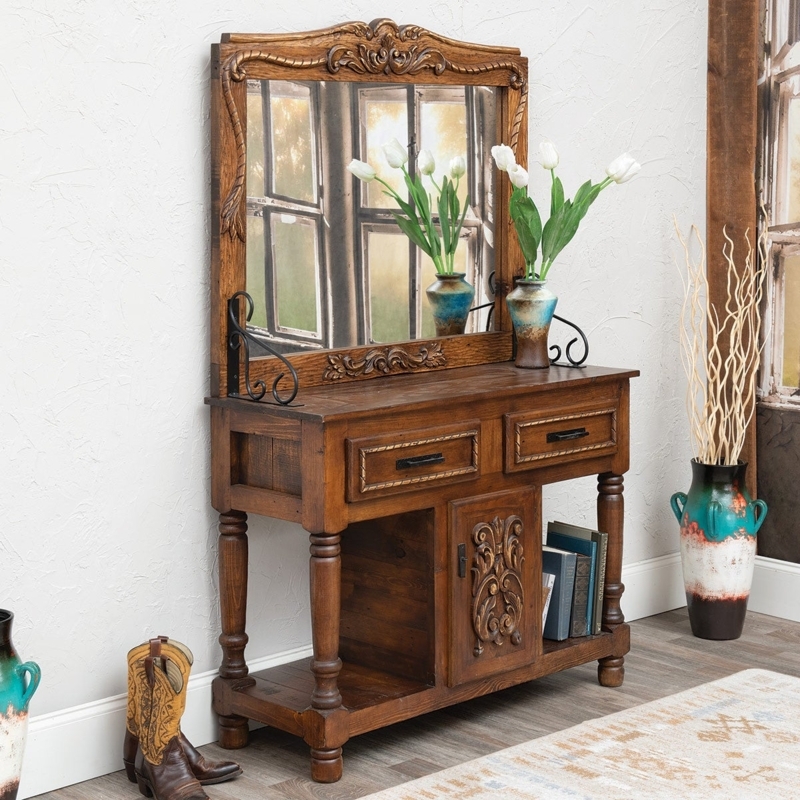 Rustic Wood Console Table with Integrated Mirror & Carvings