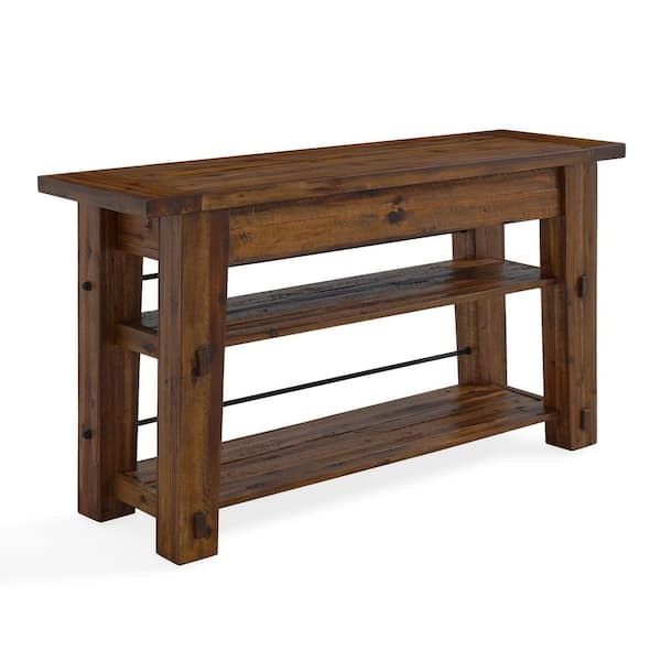 Rustic Wood Console Table with Two Shelves & Chunky Block Legs