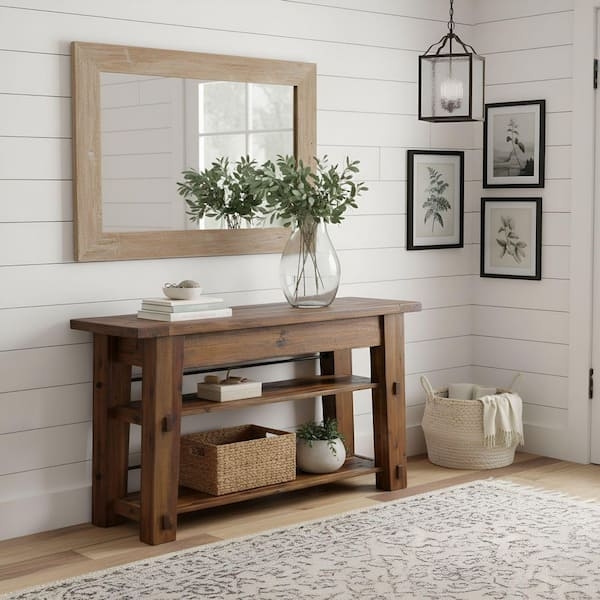 Rustic Wood Console Table with Two-Tier Shelving for Entryway Storage