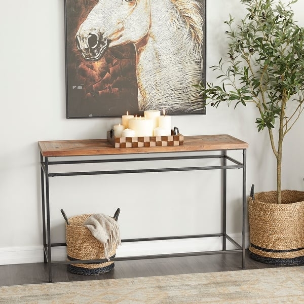 Rustic Wood Top Console Table Double Horizontal Bars Black Metal Frame