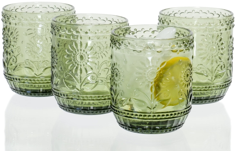 Sage Green Drinking Glass Set with Floral Embossing and Beaded Borders