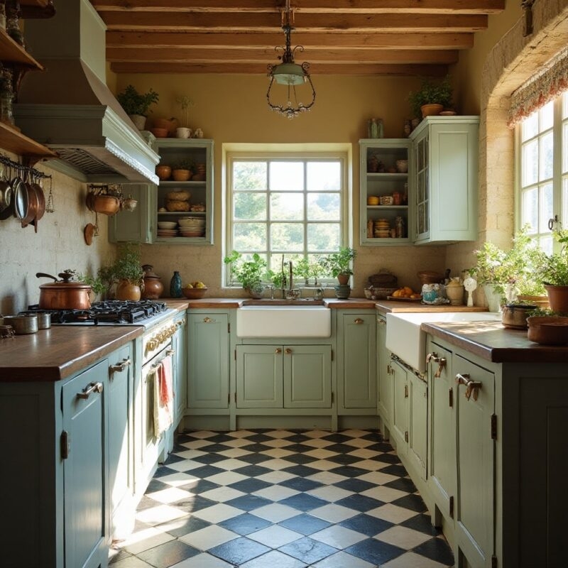 Sage Green Kitchen Checkerboard Floor Exposed Beams Farmhouse Sink
