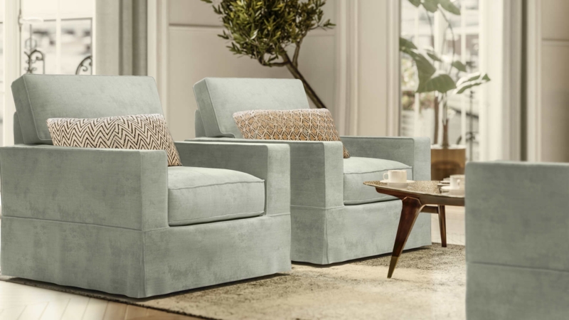 Sage Green Slipcovered Armchair Square Arms Skirted Base