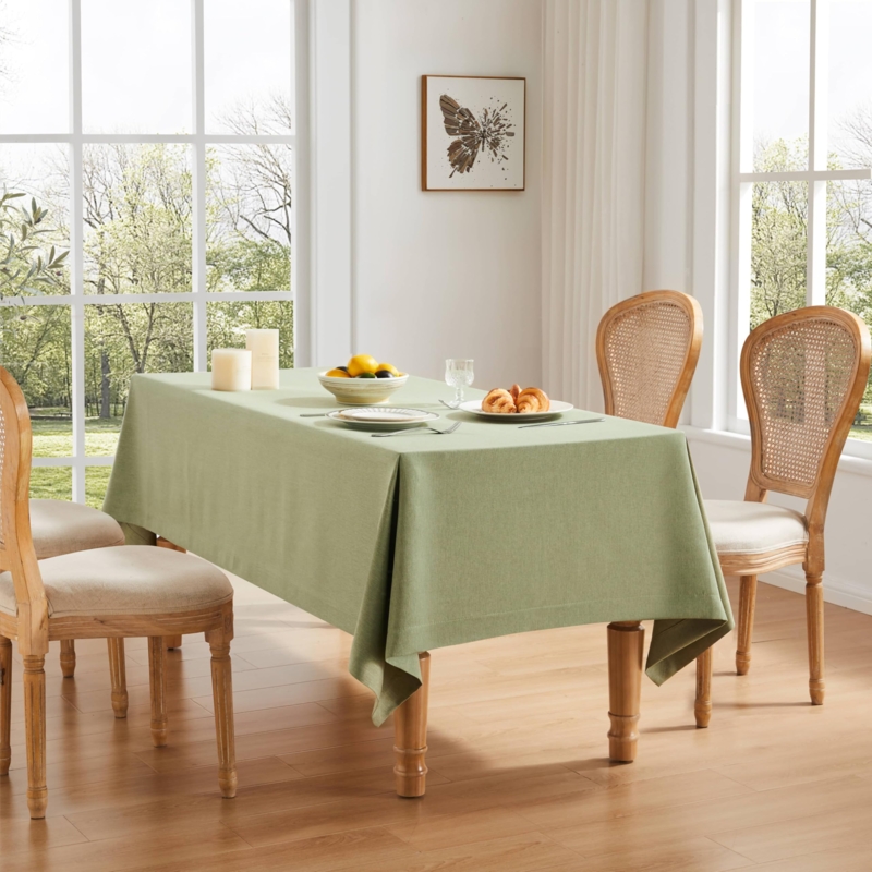 Sage Green Tablecloth with Linen Look Texture, Rustic Farmhouse Style