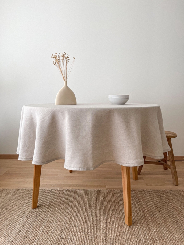 Scandinavian Beige Round Linen Tablecloth, Hemstitch Detail