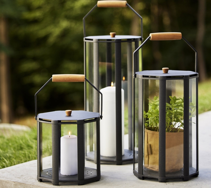 Scandinavian Modern Lanterns, Hexagonal, Matte Charcoal, Wood Handle