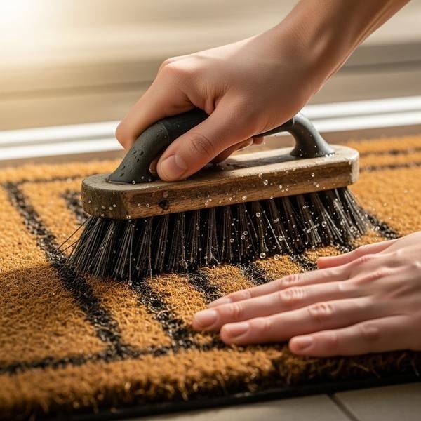 Scrubbing Doormat Cleaning Tips with Stiff Brush