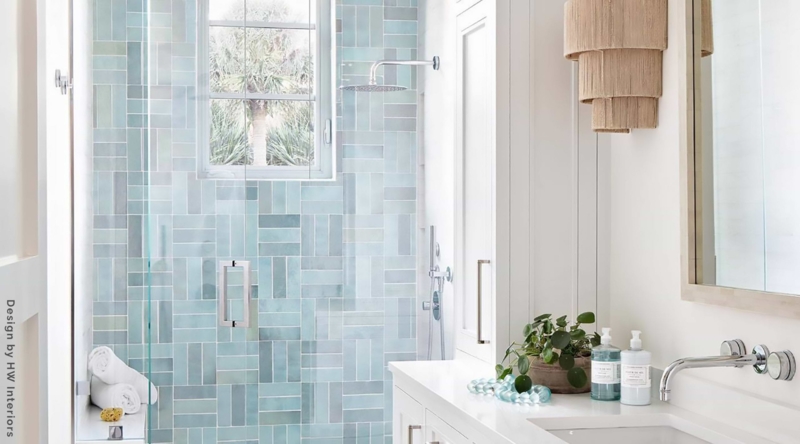Seafoam Green Shower Tile in Staggered Vertical Stack Pattern