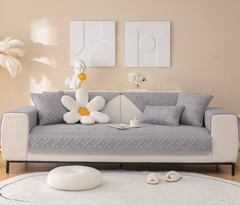 Sectional Slipcover, Modular Pieces, Quilted Geometric Weave Pattern