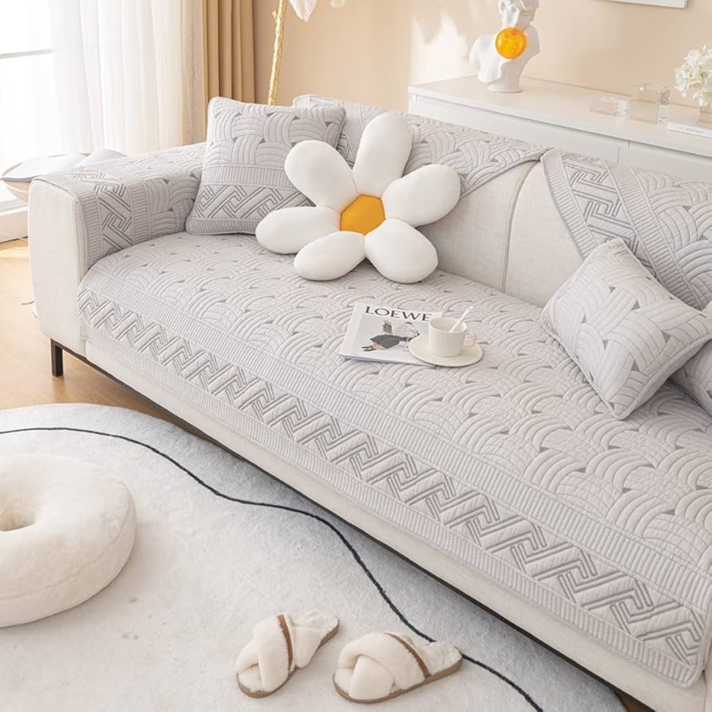 Sectional Slipcover, Quilted Geometric Weave Pattern, Light Gray