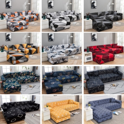 Sectional Sofa Cover Geometric Pattern Stretch Fit L-Shaped Bold
