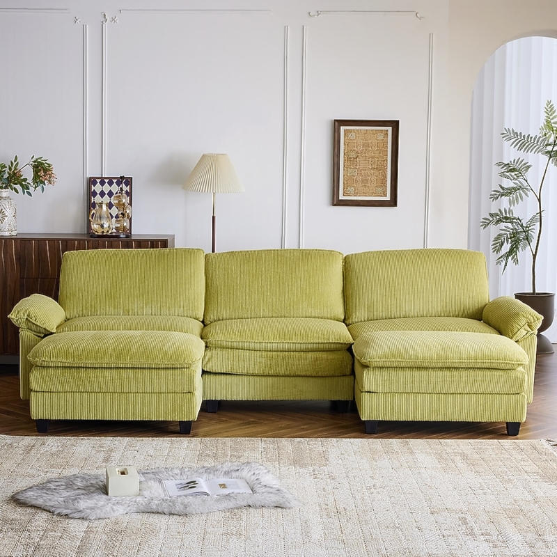 Sectional Sofa Lime Green Corduroy Upholstery Symmetrical Chaise