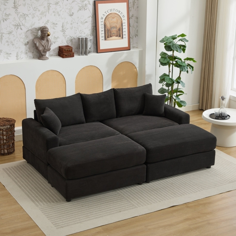 Sectional Sofa Modular Deep Seat Profile Corduroy Texture Charcoal