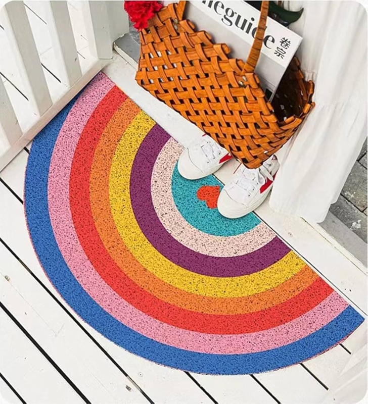 Semi-Circular Doormat Rainbow Stripe Heart Motif Cheerful Porch Decor