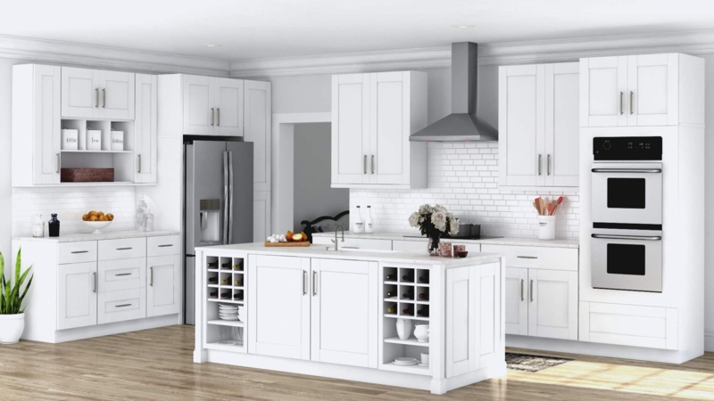 Shaker Cabinets with Integrated Wine Storage Island, Transitional Design