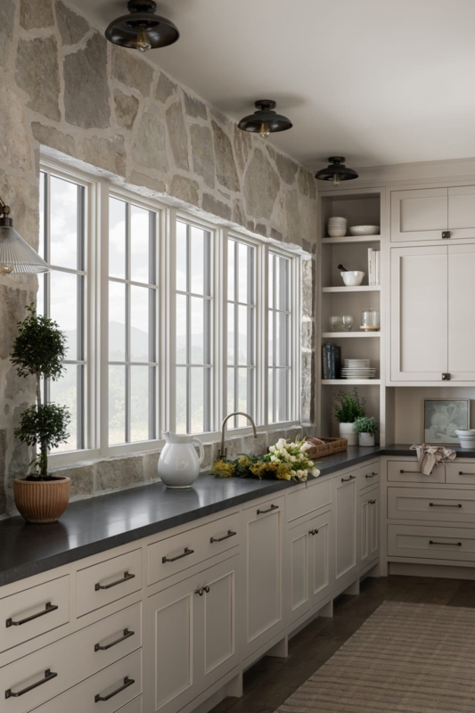 Shaker Kitchen Cabinets featuring Stone Wall Backsplash (63 characters)