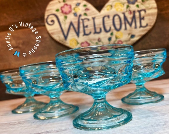 Sherbet Glass Aqua Blue Diamond Cut Texture Pedestal Base Retro