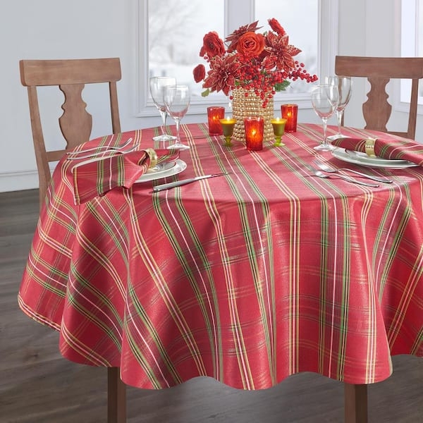 Shimmering Plaid Round Tablecloth Metallic Threads
