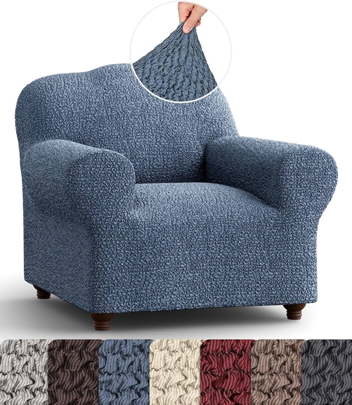 Shirred Fabric Chair Cover Blue Form Fitting Stretch Textured