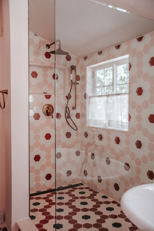Shower Scene Hexagonal Tile Floral Motif Burgundy Accents