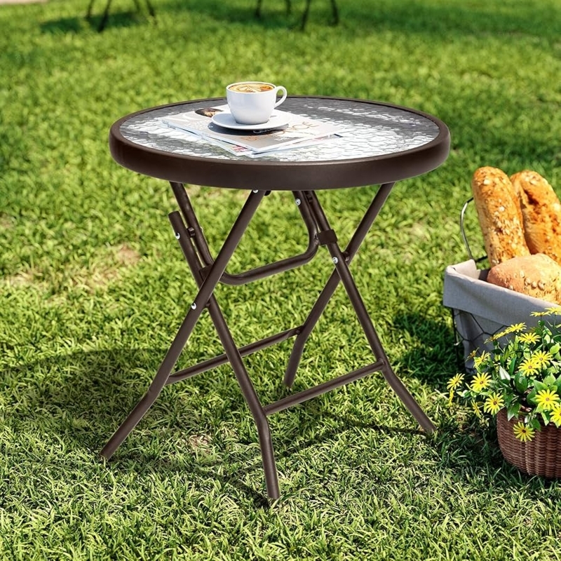 Side Table Folding Portable Brown Metal Round Glass Top