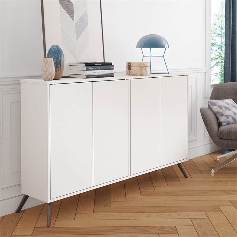 Sideboard Matte White Four Doors Handle Free Tapered Legs