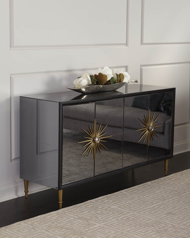 Sideboard Mirrored Sunburst Hardware Tapered Gold Legs