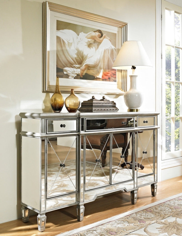 Silver Mirrored Console Cabinet with X-Mullion Doors & Top Drawers