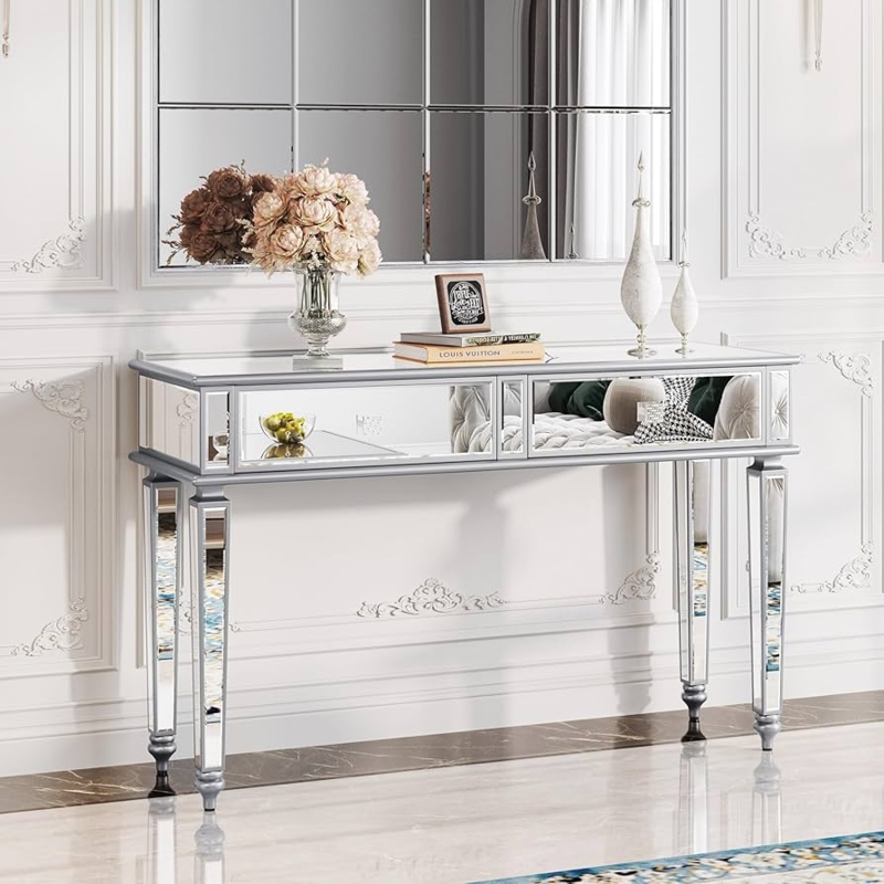Silver Mirrored Console Table with Two Drawers & Tapered Legs