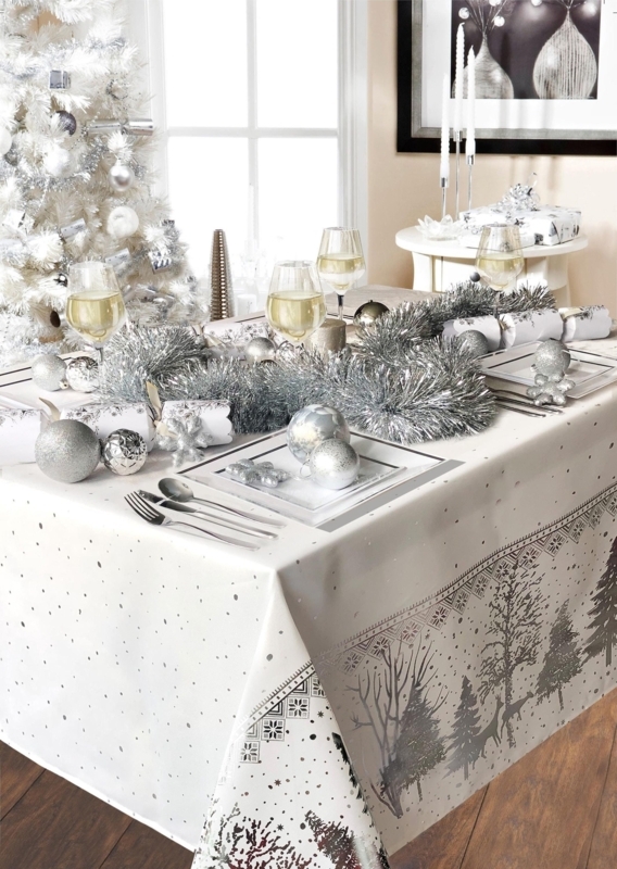 Silver Nordic Forest Border Holiday Tablecloth