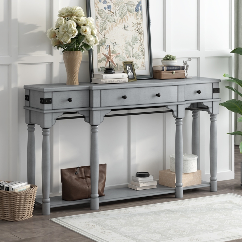 Six-Leg Console Table Turned Legs Metal Corner Brackets