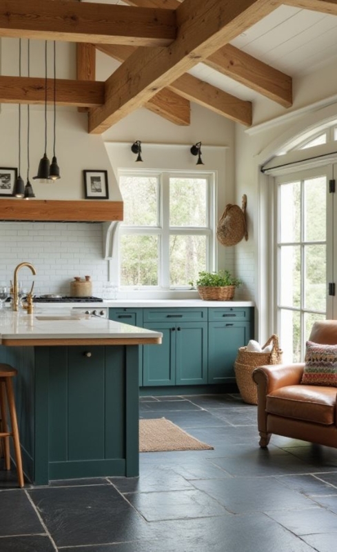 Slate Floor Tiles with Teal Cabinetry and Exposed Timber Beams in Kitchen