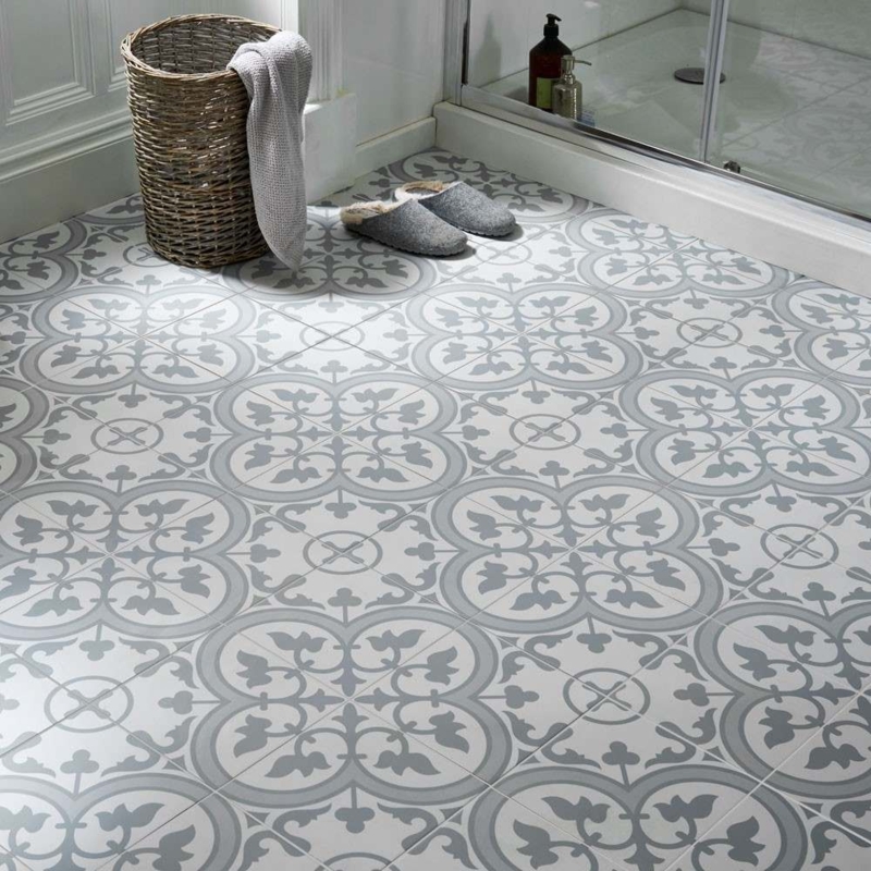 Slate Grey Encaustic Tiles with Ornate Damask Pattern and Matte Finish